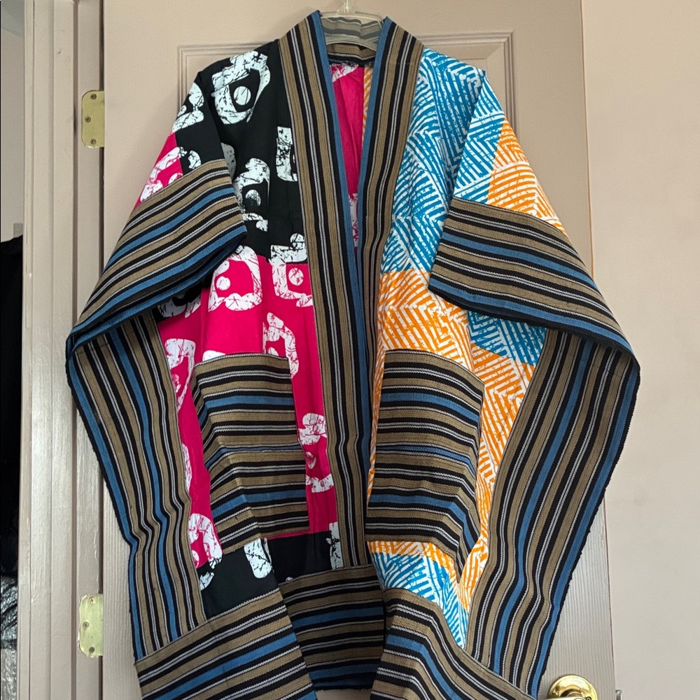 Colorblock Kimono Jacket with Striped Trim